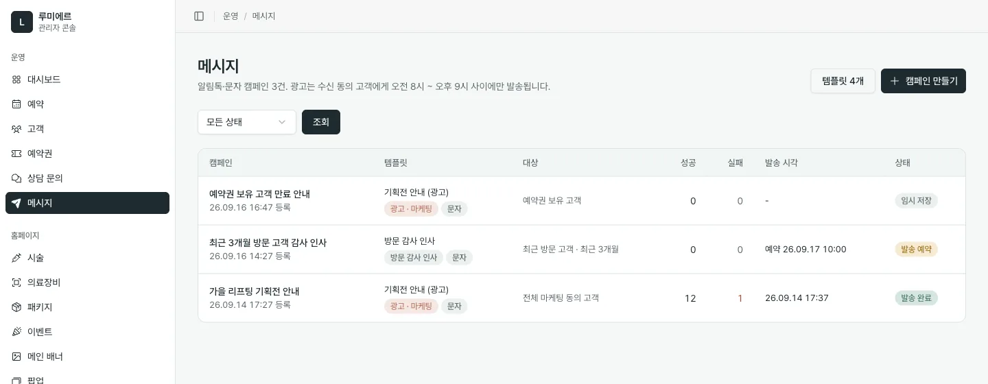 관리자 메시지 화면(프리미엄). 캠페인별 대상, 성공·실패 건수, 발송 시각과 상태가 표시된다.